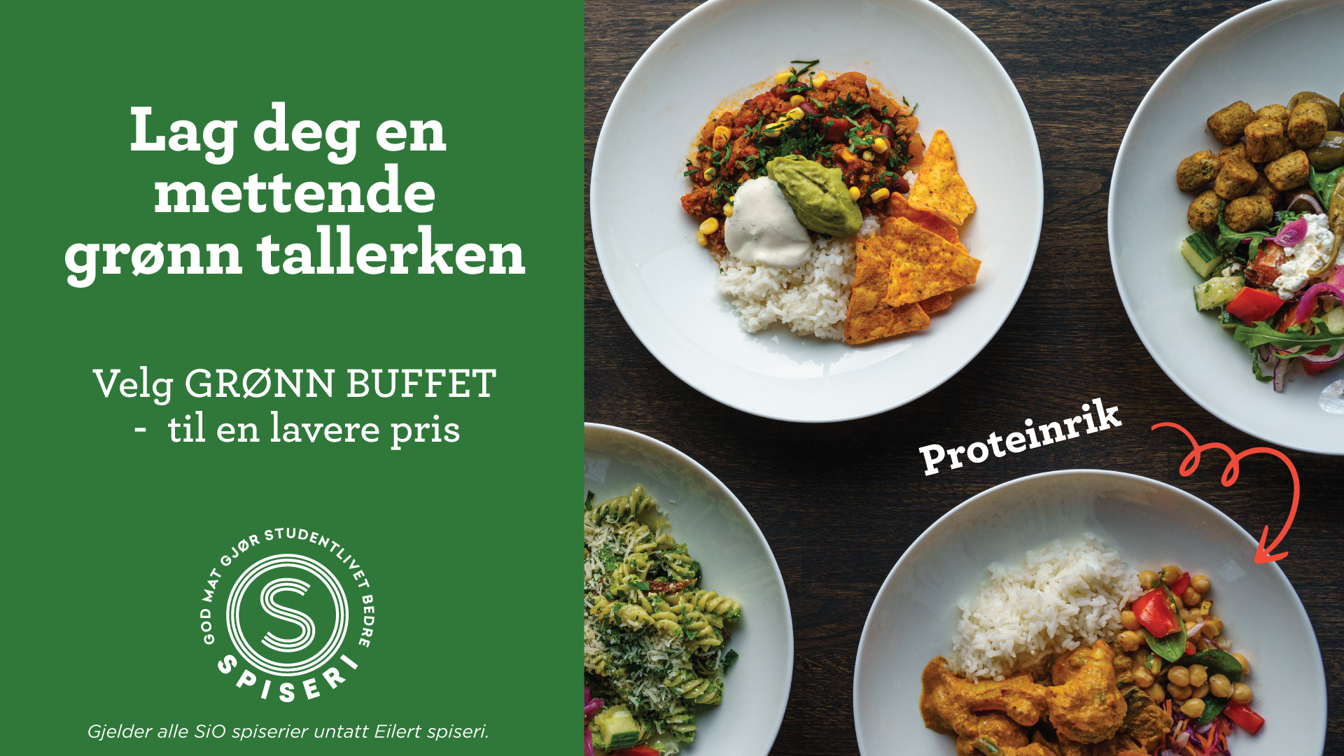 Tallerkner med mat. Plakat ved siden av hvor det staar "lag deg en mettende grønn tallerken"