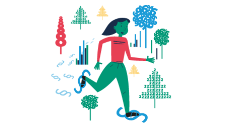 Illustrasjonen viser en person med truger på i form av paragraftegn, som går gjennom en skog der trærne er laget av tall.
