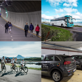 Bilde med mennesker i tunnel, en buss, noen syklister og el-biler