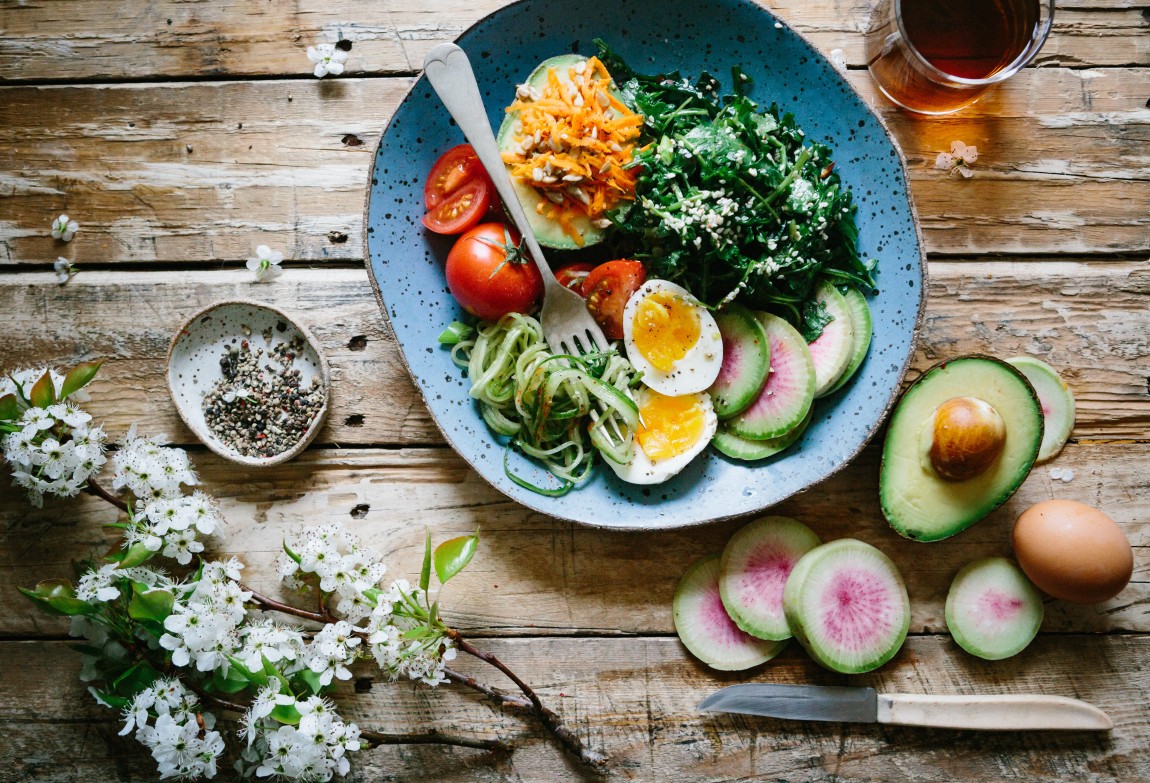 Bilde som viser en tallerken med mat som tomat, egg og avocado