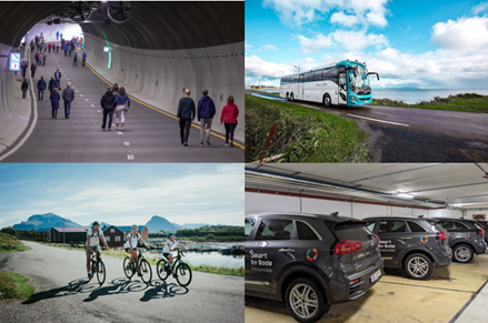Bilde av gangtunnel, buss, sykler og el-biler