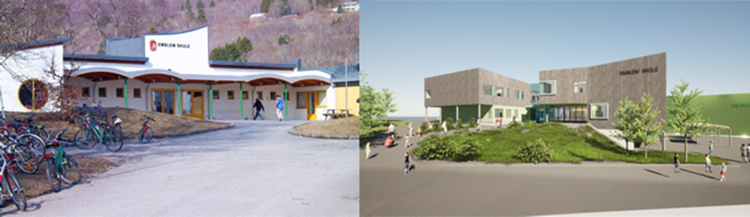 Bildet viser gammel og ny skole i Ålesund. Delen til høyre er datagenerert, og viser en skole omkranset av grønne trær. 