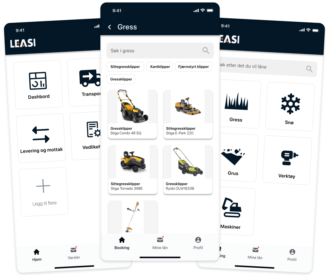 Skjermdump fra Leasi sin løsning som viser en oversikt over tilgjengelige gressklippere, kategorier av utstyr og aksjoner i appen.