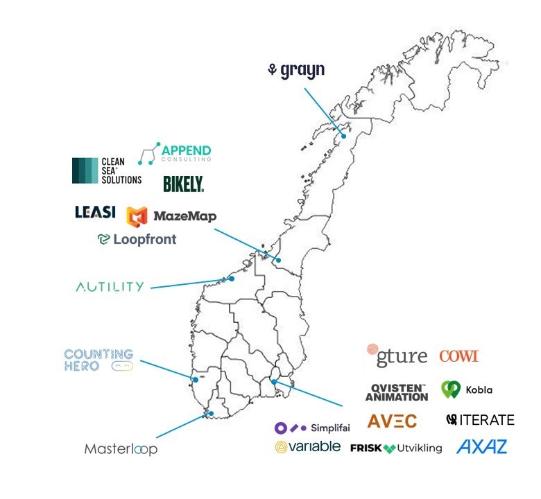 Kart over Norge med logoer av leverandørene som har utviklet løsninger i StartOff. Fra Bodø i nord til Kristiansand i sør befinner følgende leverandører seg: Grayn, Append consulting, Bikely, Clean Sea Solution, Bikely, Leasi, Mazemap, Loopfront, Autility, Counting Hero, Gture, Cowi, Qvisten animation, Kobla, Avec, Iterate, Simplifai, Variable, Firsk utvikling og Axaz. 