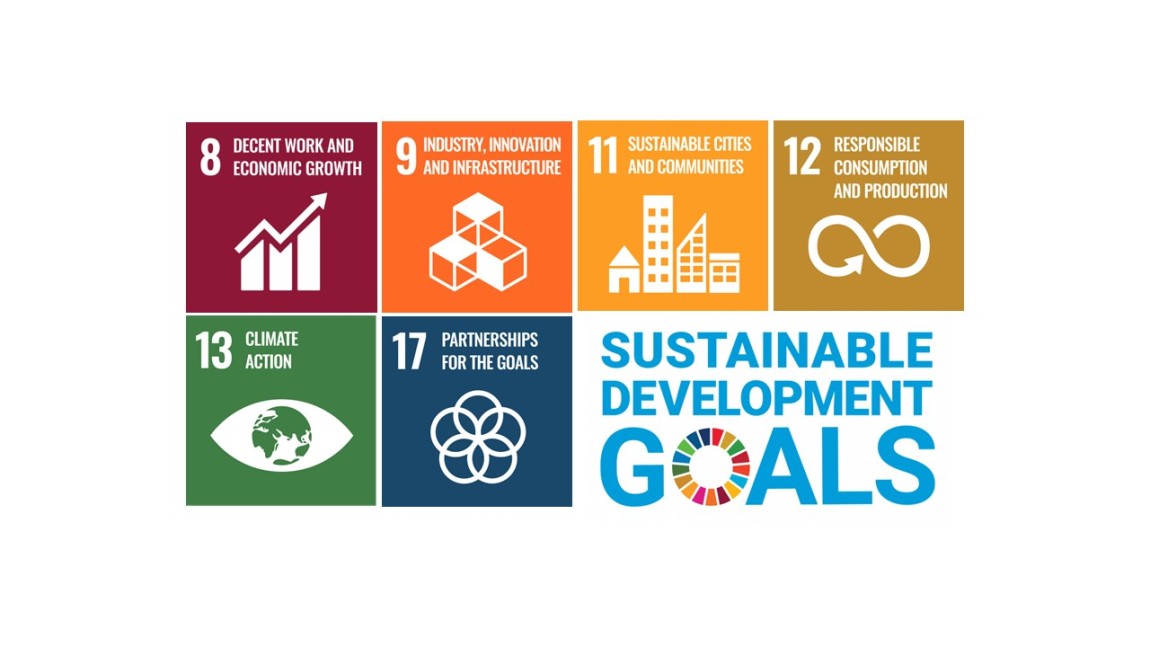 Logos of sustainable development goals 8, 9, 11, 12, 13 and 17 that are covered in the covered in project CCFP