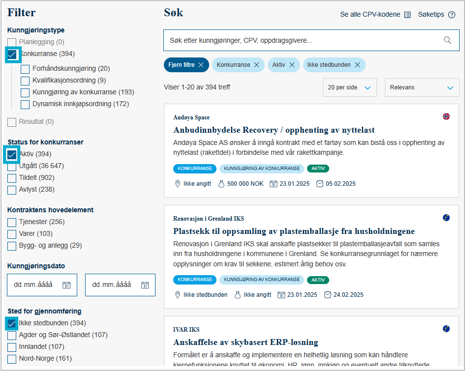 Bildet viser filter i venstremarg med mulighet for å velge kunngjøringstype, status for konkurranser, kontraktens hovedelement, kunngjøringsdato eller sted for gjennføring.