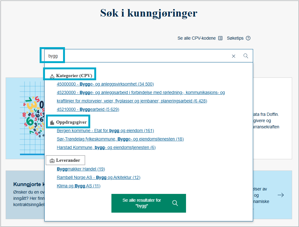 Bildet viser kategorier, oppdragsgiver og leverandør som kan kobles til søkeordet.