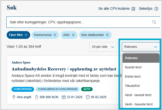 Sortingsfeltet ligger øverst til høyre.
